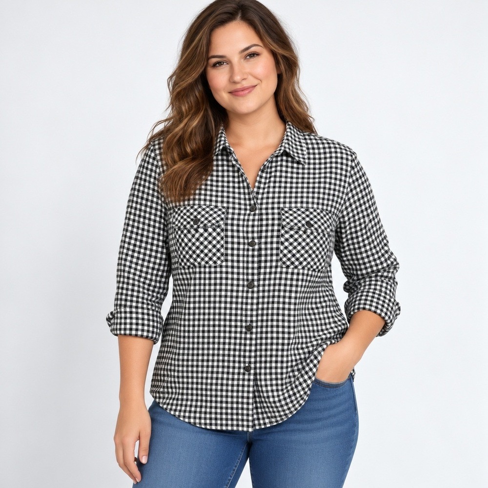 Eddie Bauer Gingham Flannel Shirt Women L Black White Plaid Button Down Pocket